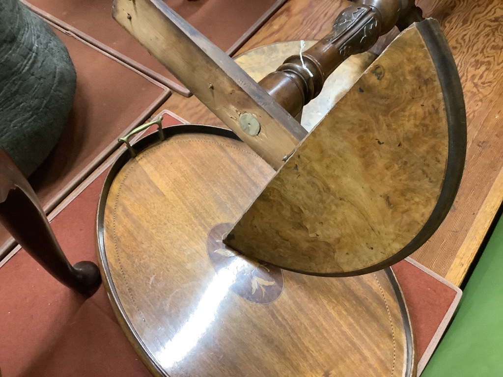 A Victorian circular walnut tripod table (in need of restoration), together with an Edwardian inlaid oval tea tray